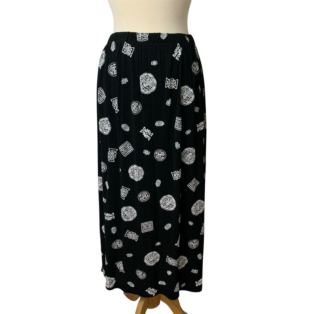 Regal Vintage Skirt Women XL Aztec Print Black White Slinky Maxi Stretch Pull On